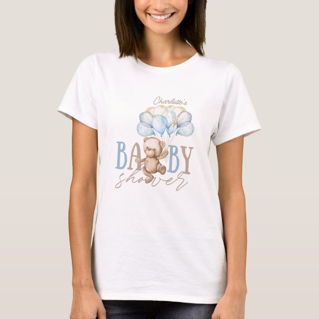 T-shirt Boho Blue Floral Pampas Teddy Bear Boy Baby shower (Devant)