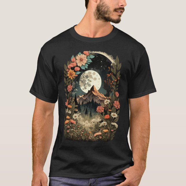 T-shirt Boho Chic Floral Moon Mountain Forest Nature Retro (Devant)