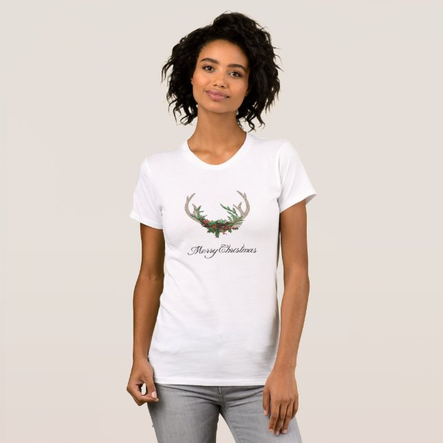 T-shirt Boho Deer Antlers | Floral de Noël rouge rustique (Devant entier)