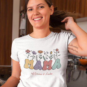 T-shirt Boho Mama Texte avec Fleurs et Noms d'Enfants