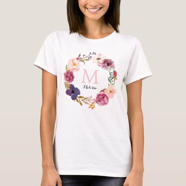 T-shirt Boho rustique aquarelle Floral Wreath Monogramme (Devant)