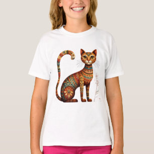 T-shirt Boho Tribal Chat Mignon Art Populaire avec Fleurs