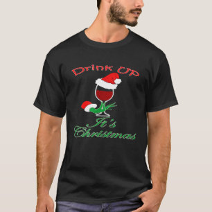 T-shirt Boire Son Vin De Noël Verre Santa Hat