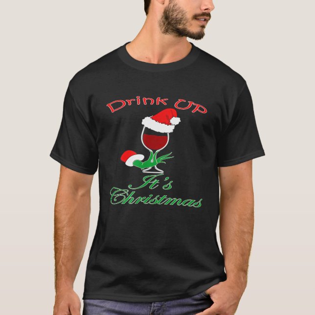 T-shirt Boire Son Vin De Noël Verre Santa Hat (Devant)
