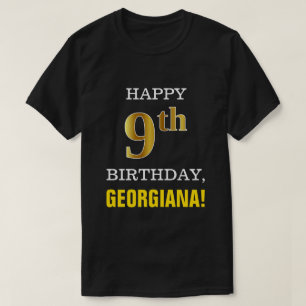 T-shirt Bold, Black, Faux Gold 9e anniversaire avec nom Ch