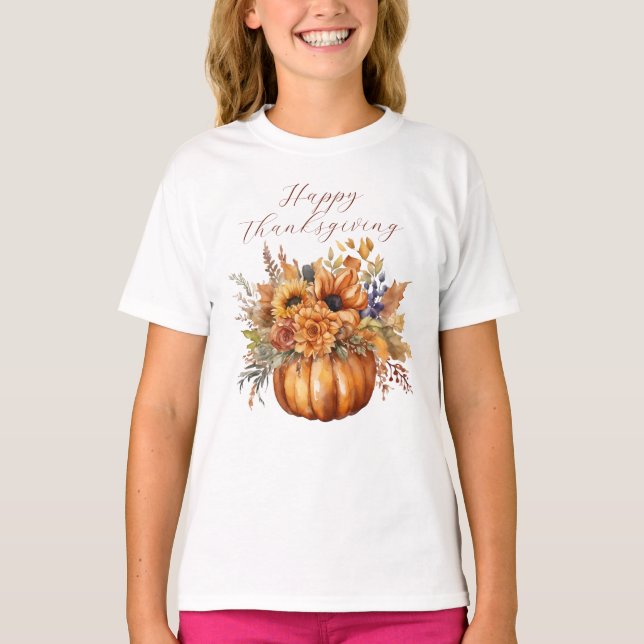 T-shirt Bon thanksgiving-Citrouille et fleurs- (Devant)