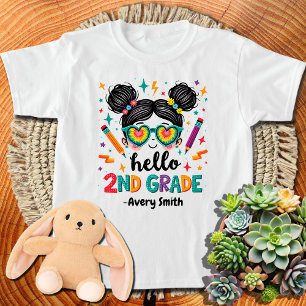 T-Shirt Bonjour 2e Année Messy Hair Bun Girl Retour À L'Éc