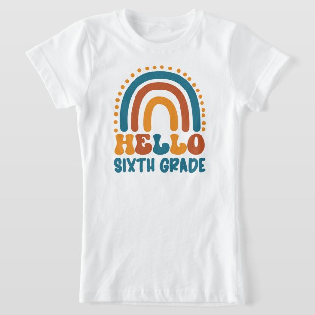 T-Shirt Bonjour 6e année style rétro boho arc-en-ciel (Poser)