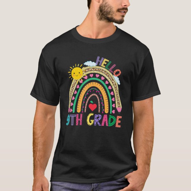 T-shirt Bonjour 9E Année Retour À L'École Leopard Rainbow  (Devant)