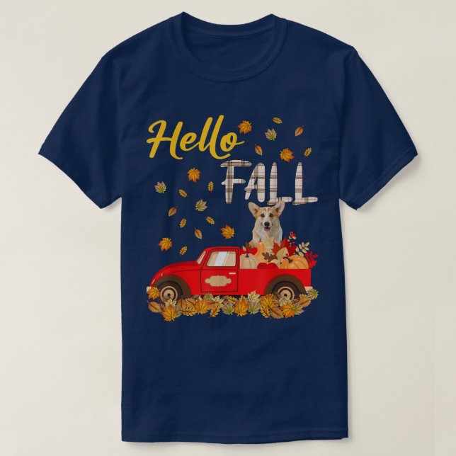 T-shirt Bonjour Automne Corgi Retriever Leaf Automne Rouge (Design devant)