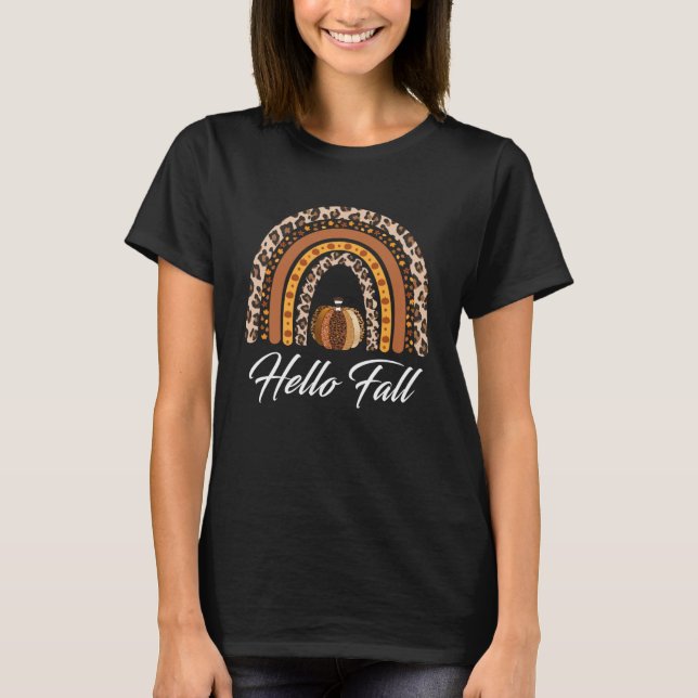 T-shirt Bonjour Automne Leopard Citrouille Rainbow Thanksg (Devant)