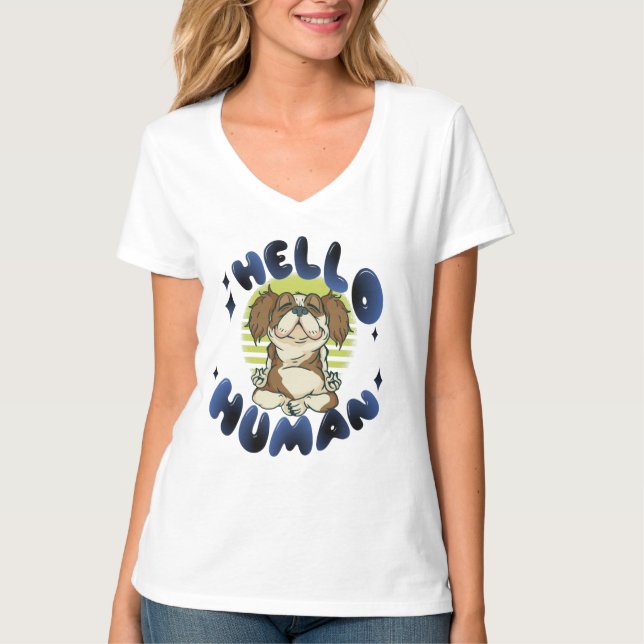 T-shirt Bonjour humain Méditer chien de yoga (Devant)