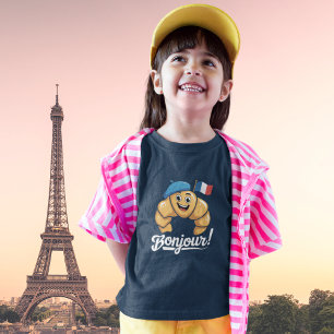 T-shirt Bonjour Paris Filles Croissant Français Tee Mignon