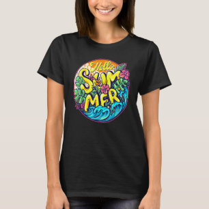 T-shirt Bonjour Summer Guitar Surf Board Dans Le Sun Set O