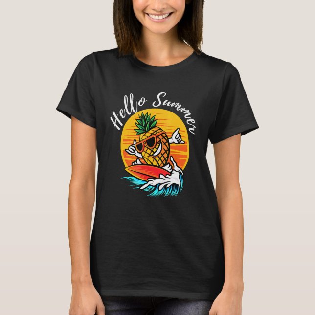 T-shirt Bonjour Summer Surf Cool Ananas Plages Aloha (Devant)