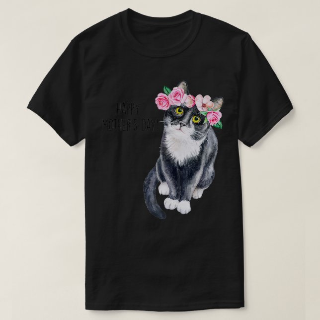 T-shirt Bonne fête des mères mignonne Chat avec fleurs Cha (Design devant)