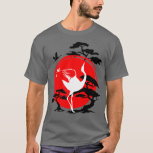 T-shirt Bonsai Arbre japonais d'oiseaux de grue et Soleil 