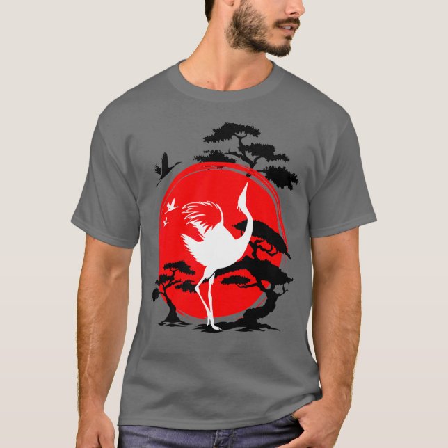 T-shirt Bonsai Tree, nid de grue et soleil rouge (Devant)