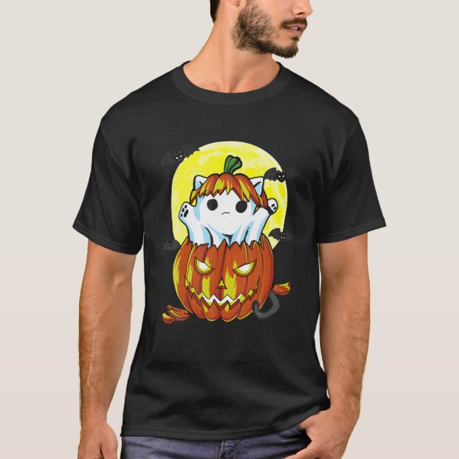 T-shirt Boo Halloween Ghost Chat Citrouille Funny Amoureux (Devant)