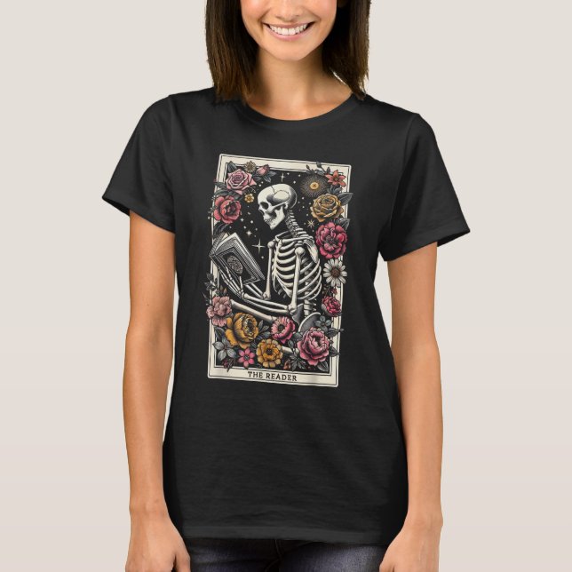 T-shirt Book Lover The Reader Tarot Card Skeleton Lecture (Devant)