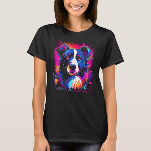 T-shirt Border Collie Dog Australian Shepherd 80s Retrowav (Devant)