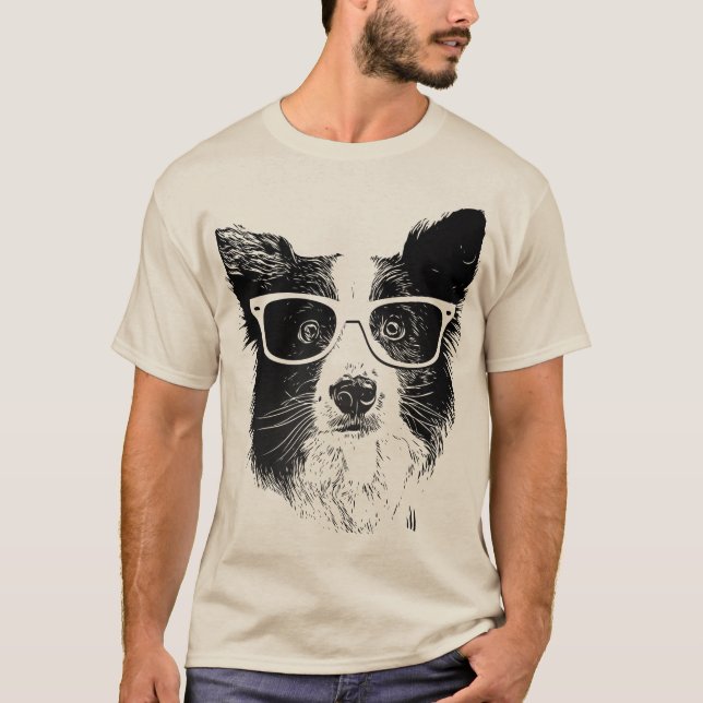 T-shirt Border collie glasses hipster Dog (Devant)