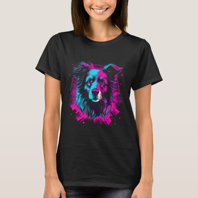 T-shirt Border Collie Retro Vaporwave Design (Devant)