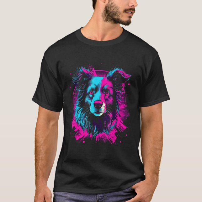 T-shirt Border Collie Retro Vaporwave Design (Devant)