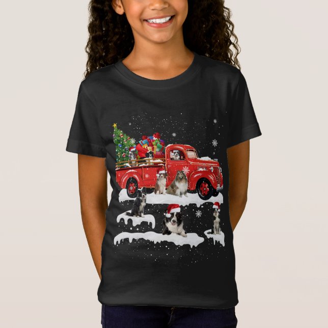 T-Shirt Bordure Collie équitation Camion rouge Joyeux Noël (Devant)