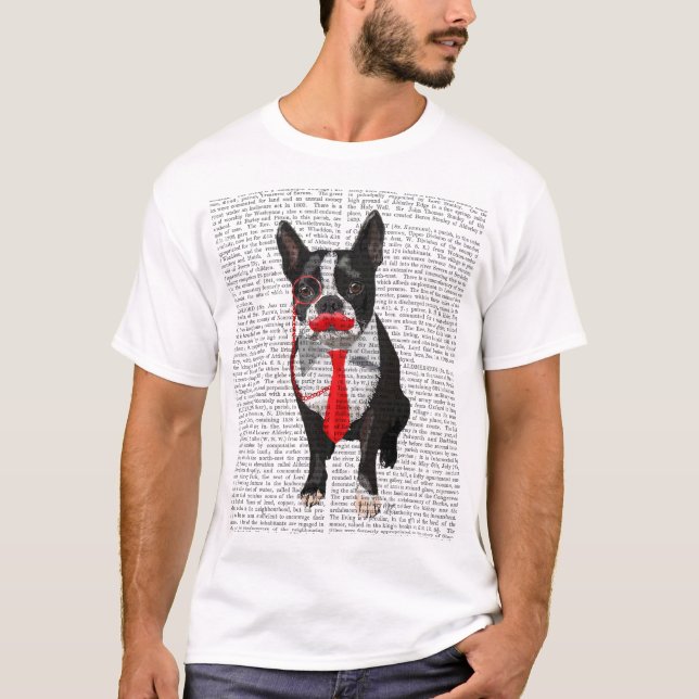 T-shirt Boston Terrier avec Cravate rouge et moustache 2 (Devant)
