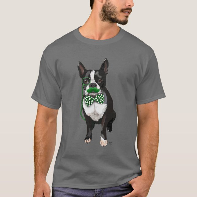 T-shirt Boston Terrier Avec Moustache Verte Et Pot (Devant)
