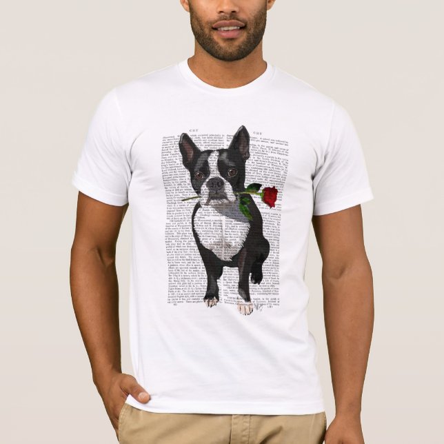 T-shirt Boston Terrier avec Rose dans la bouche (Devant)