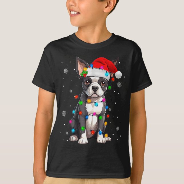 T-shirt Boston Terrier Christmas Santa Hat  (Devant)