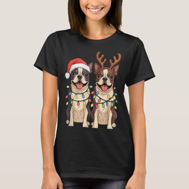 T-shirt Boston Terrier Christmas Santa Hat Reindeer Lights (Devant)