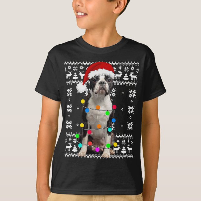 T-shirt Boston Terrier Dog éclaire un chiot moche Santa Ha (Devant)