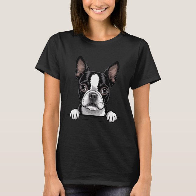 T-shirt Boston Terrier Funny Peeking Bostie Pocket Puppy D (Devant)