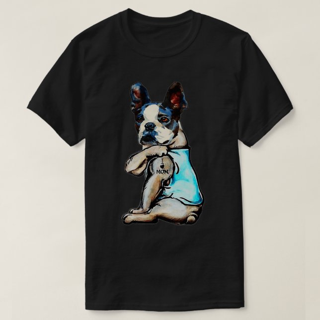 T-shirt Boston Terrier I Love Mom Tattoo Mère's Day Cadeau (Design devant)