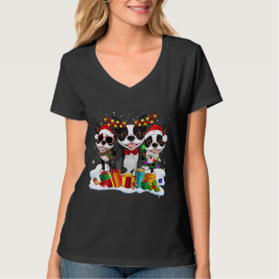 T-shirt Boston Terrier Noël Santa Hat Xmas Lumières Chien