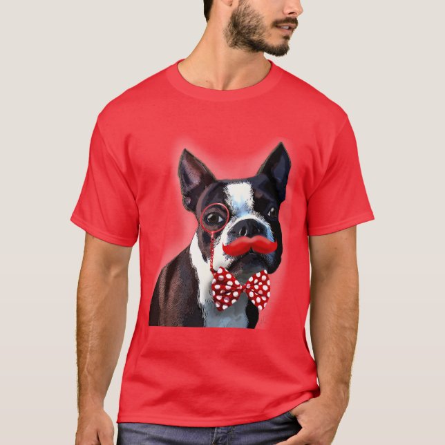 T-shirt Boston Terrier Portrait avec Cravate Red Bow et 2 (Devant)