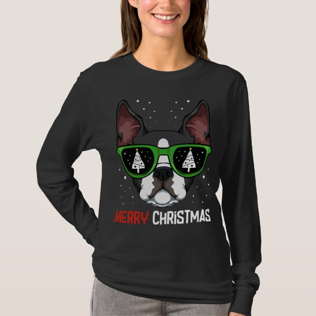 T-shirt Boston Terrier Pyjama de Noël Chien Lunettes de so (Devant)