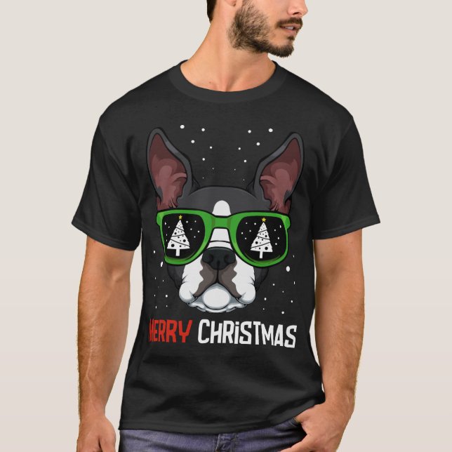 T-shirt Boston Terrier Pyjama de Noël Chien Lunettes de so (Devant)