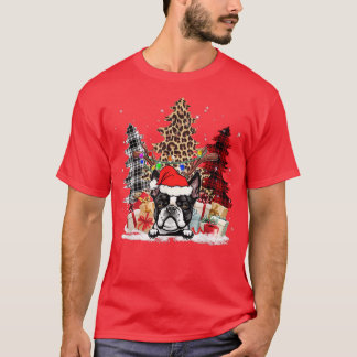 T-shirt Boston Terrier Santa Hat Light Buffalo Plaid Leopa