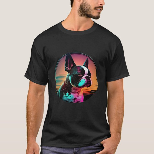T-shirt Boston Terrier Synthwave 80s Retrowave Aesthetic   (Devant)