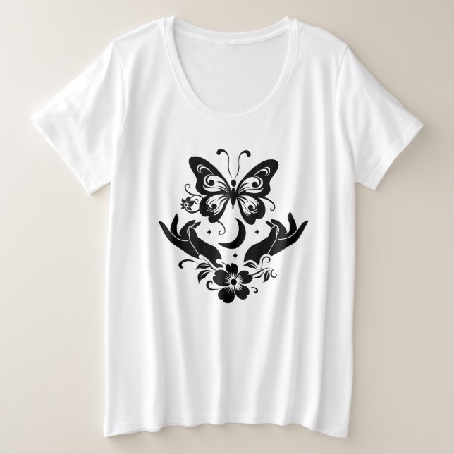 T-shirt botanique céleste à mains ouvertes papillo (Design devant)