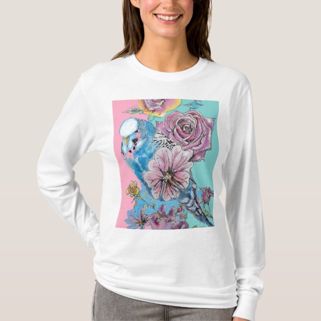T-shirt Boucle à clé fleurie Rose Budgie Budgies bleu (Devant)