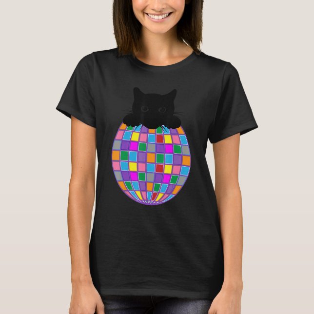 T-shirt Boule Disco Esthétique Psychédélique Noir Chat Dis (Devant)