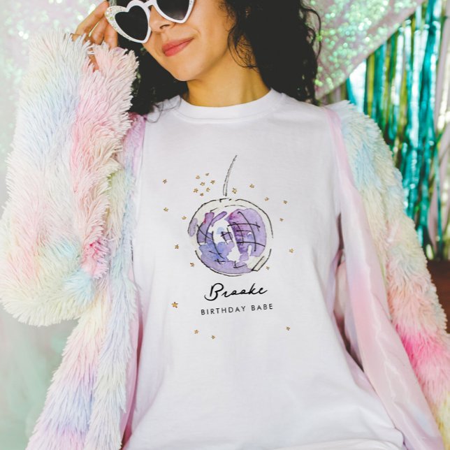 T-shirt Boule Disco Étoile Aquarelle Anniversaire Babe (Fabulous watercolor painted disco ball personalized birthday babe/bride-to-be t-shirt.)