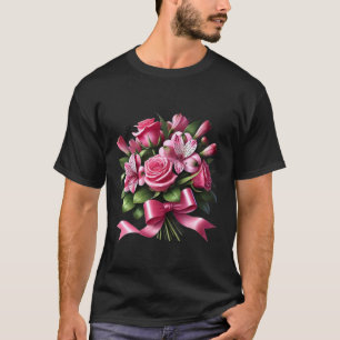 T-shirt Bouquet élégant de rose rose et de lys avec un nœu