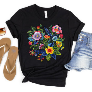 T-shirt Bouquet Floral Lumineux Broderie de Laine Fausse