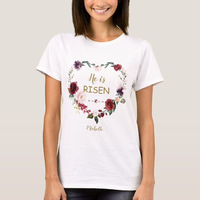 T-shirt Bourgogne Coeur Floral Heureux Pâques Il Est Ressu (Devant)